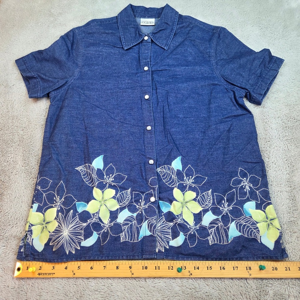 VTG Villager Sport Snap Front Womens Denim Top Sz M Tropical Floral Print Blue